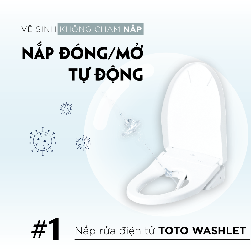 Nắp rửa điện tử TOTO Washlet với tính năng tự động đóng/mở mà KHÔNG CẦN CHẠM NẮP