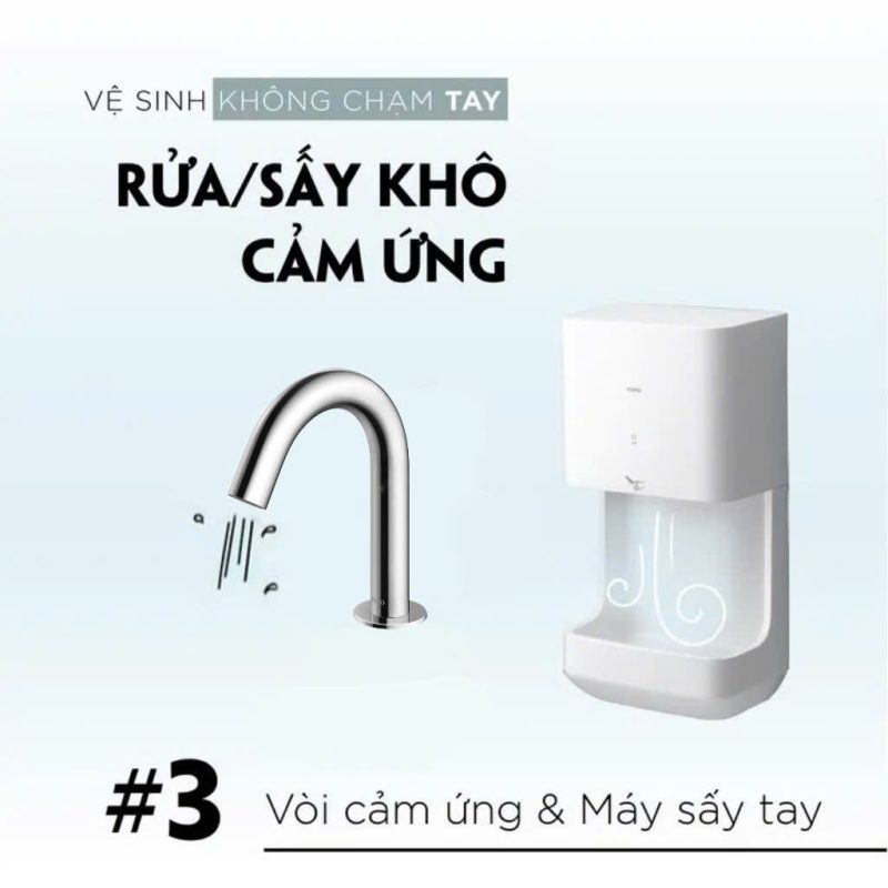 Combo vòi cảm ứng và máy sấy tay cảm ứng nhạy bén mỗi lần rửa và sấy khô mà KHÔNG CẦN CHẠM TAY