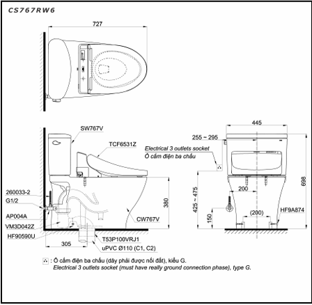 Bản vẽ kỹ thuật của sản phẩm bàn cầu hai khối CS767RW6 kèm nắp rửa điện tử NEW WASHLET TCF6531Z