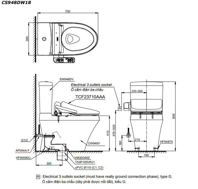 CS948DW18 TOTO chính hãng BAN-VE-KI-THUAT-CS948DW18