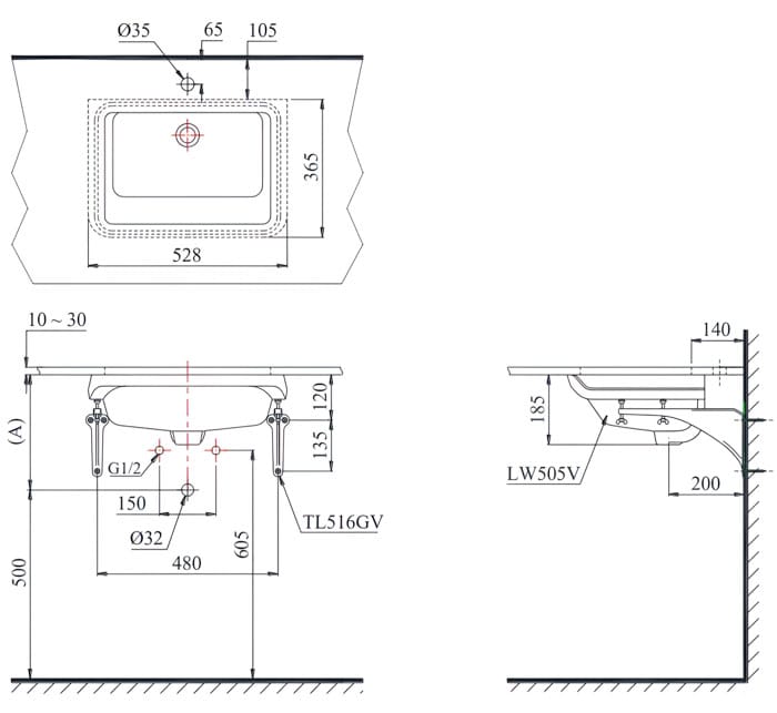 Bản vẽ Chậu rửa lavabo LT505T âm bàn chữ nhật
