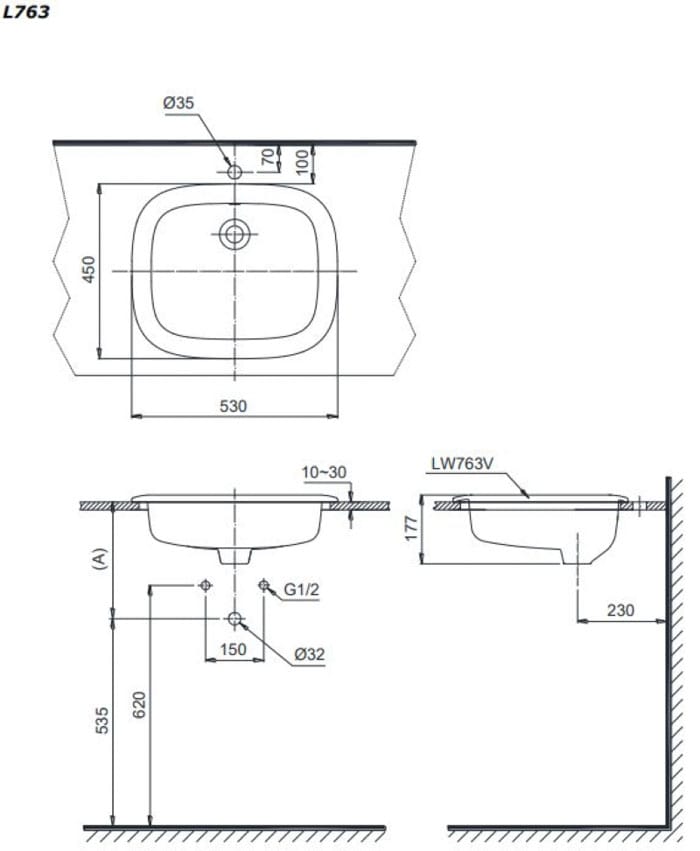 LT763 TOTO chính hãng Bản vẽ kỹ thuật của Chậu dương vành TOTO LT763