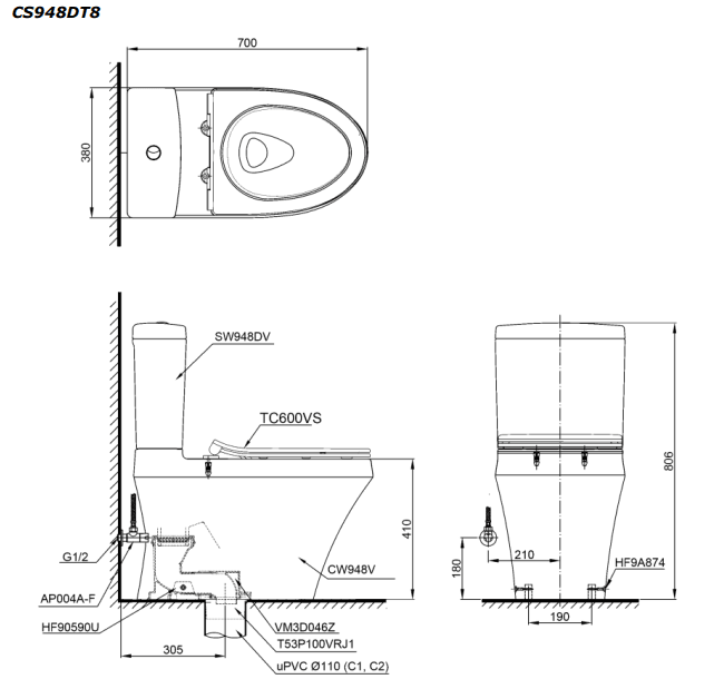 BỒN CẦU TOTO CS948DT8#XW NẮP ĐÓNG ÊM TC600VS TOTO chính hãng BỒN CẦU TOTO CS948DT8#XW NẮP ĐÓNG ÊM TC600VS