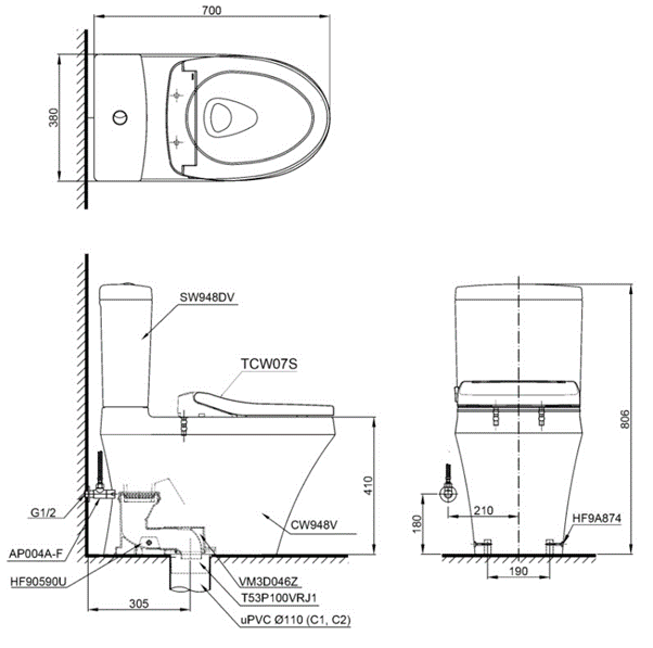 BỒN CẦU TOTO CS948DE2#XW KÈM ECOWASHER TCW07S TOTO chính hãng BAN-VE-KI-THUAT-CS948DE2