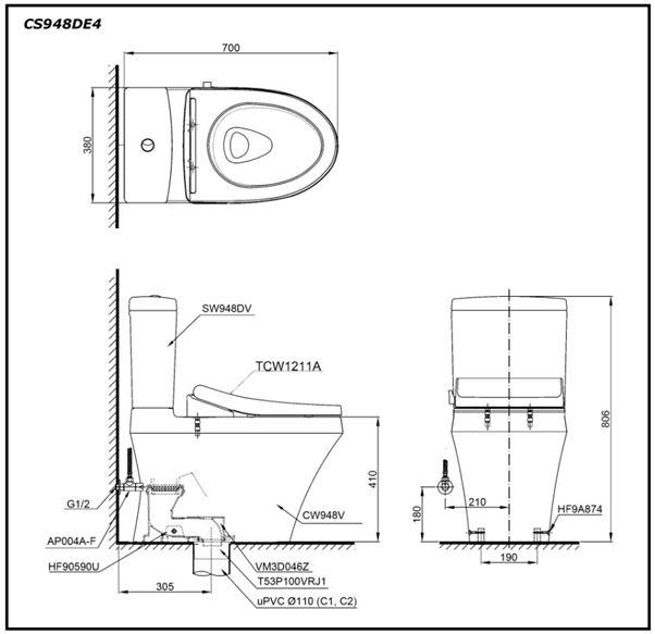 Bồn cầu hai khối TOTO CS948DE4#XW kèm ECOWASHER TCW1211A TOTO chính hãng BAN-VE-KI-THUAT-CS948DE4.png