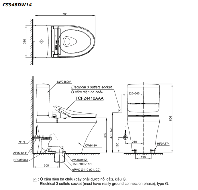 Bồn cầu hai khối TOTO CS948DW14#XW kèm WASHLET C5 TOTO chính hãng BAN-VE-KI-THUAT-CS948DW14