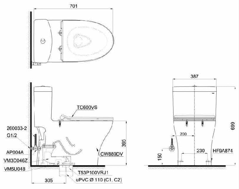 Bản vẽ kích thước bồn cầu TOTO MS889DRT8#XW